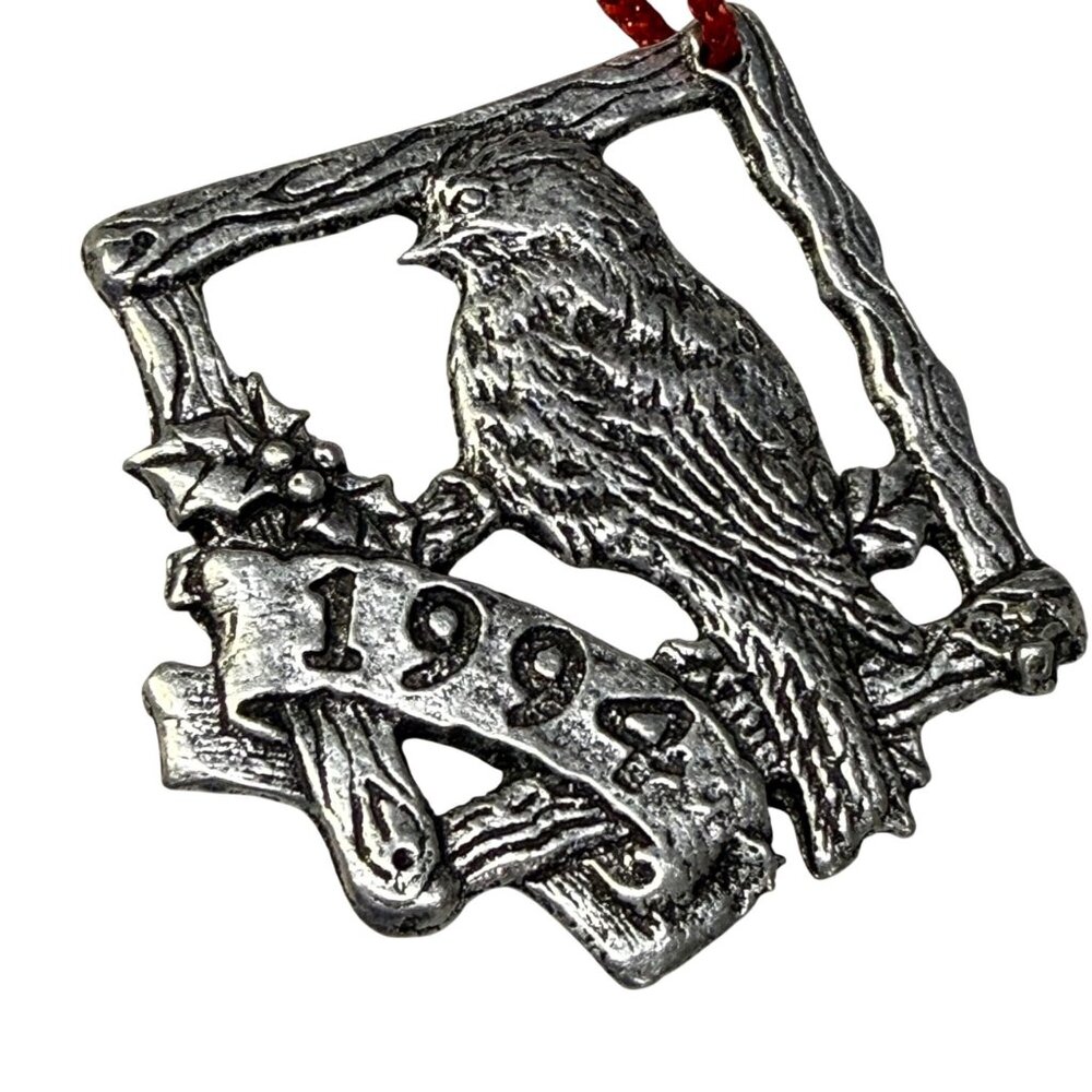 1994 Pewter Bird Christmas Ornament With Holly & Red String Hanger Holiday Tree